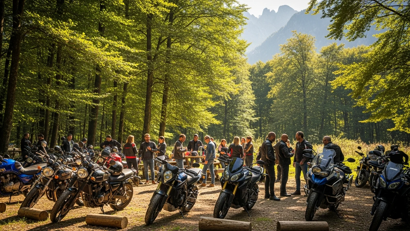 Moto parcheggiate in un bosco — raduno biker