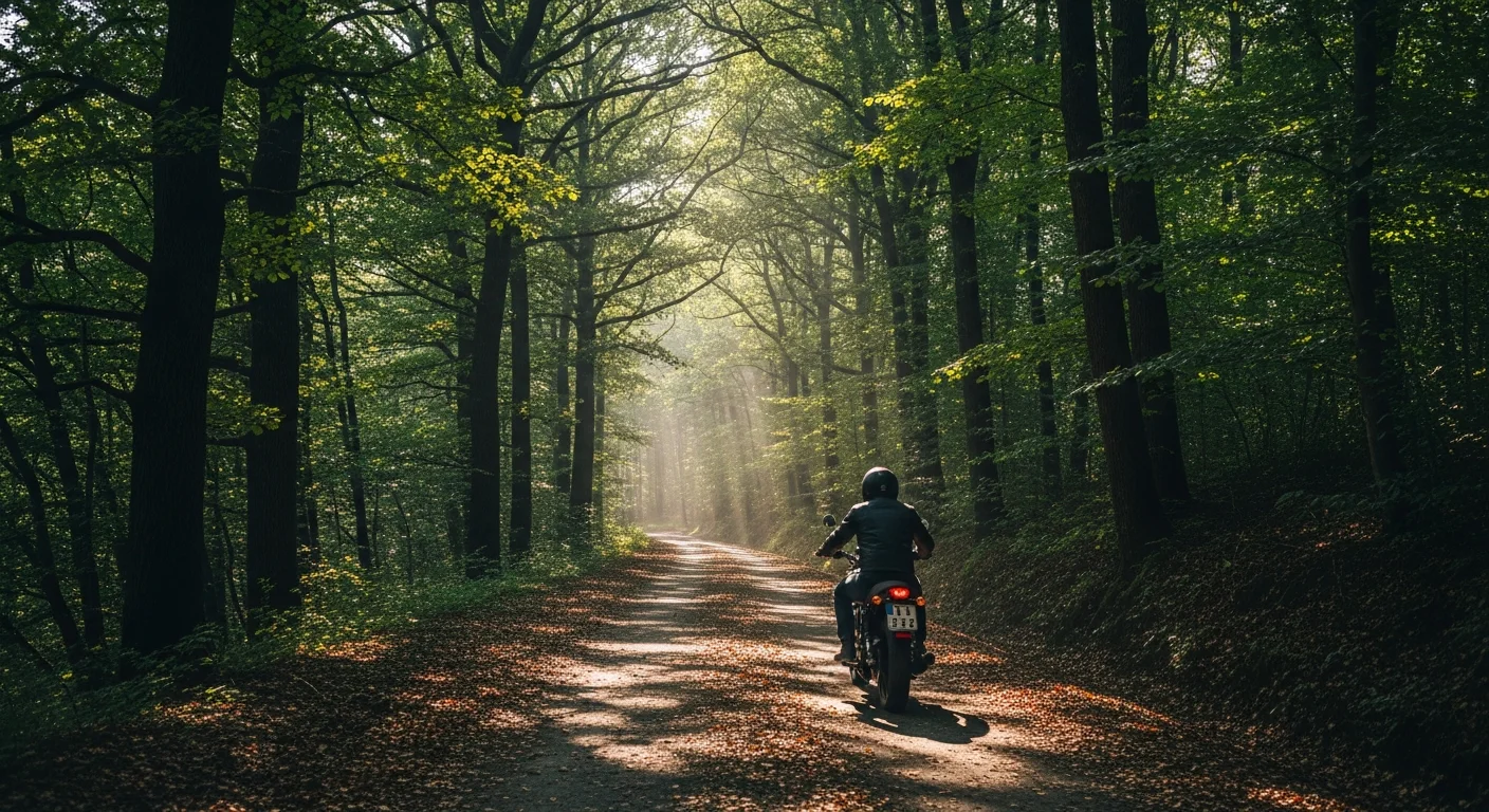 Motociclista su strada forestale — luce filtrata tra gli alberi